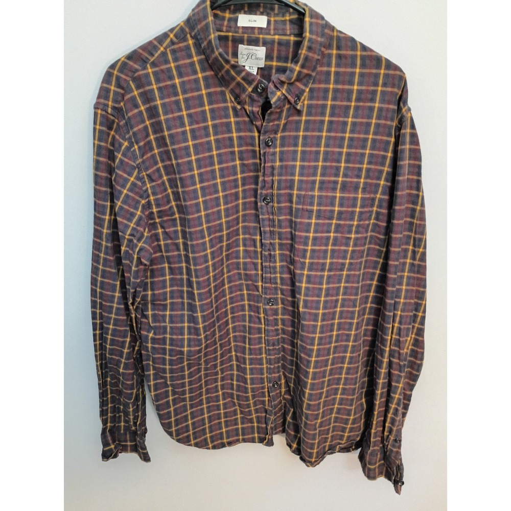 J. Crew Brushed Twill Plaid Shirt Mens XL Slim Fit Burgundy Navy Yellow Long Slv